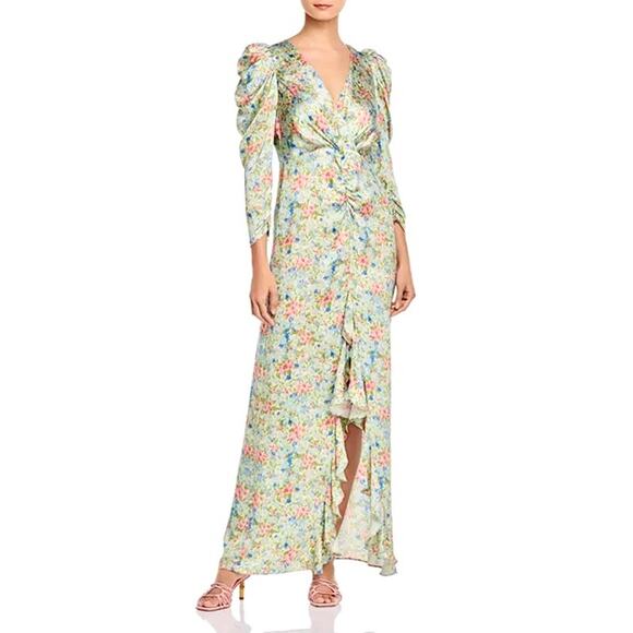 NOTES DU NORD Designer Pink Blue & Green Ruffle Floral Maxi Silk Dress – US 6/8 - Picture 2 of 16